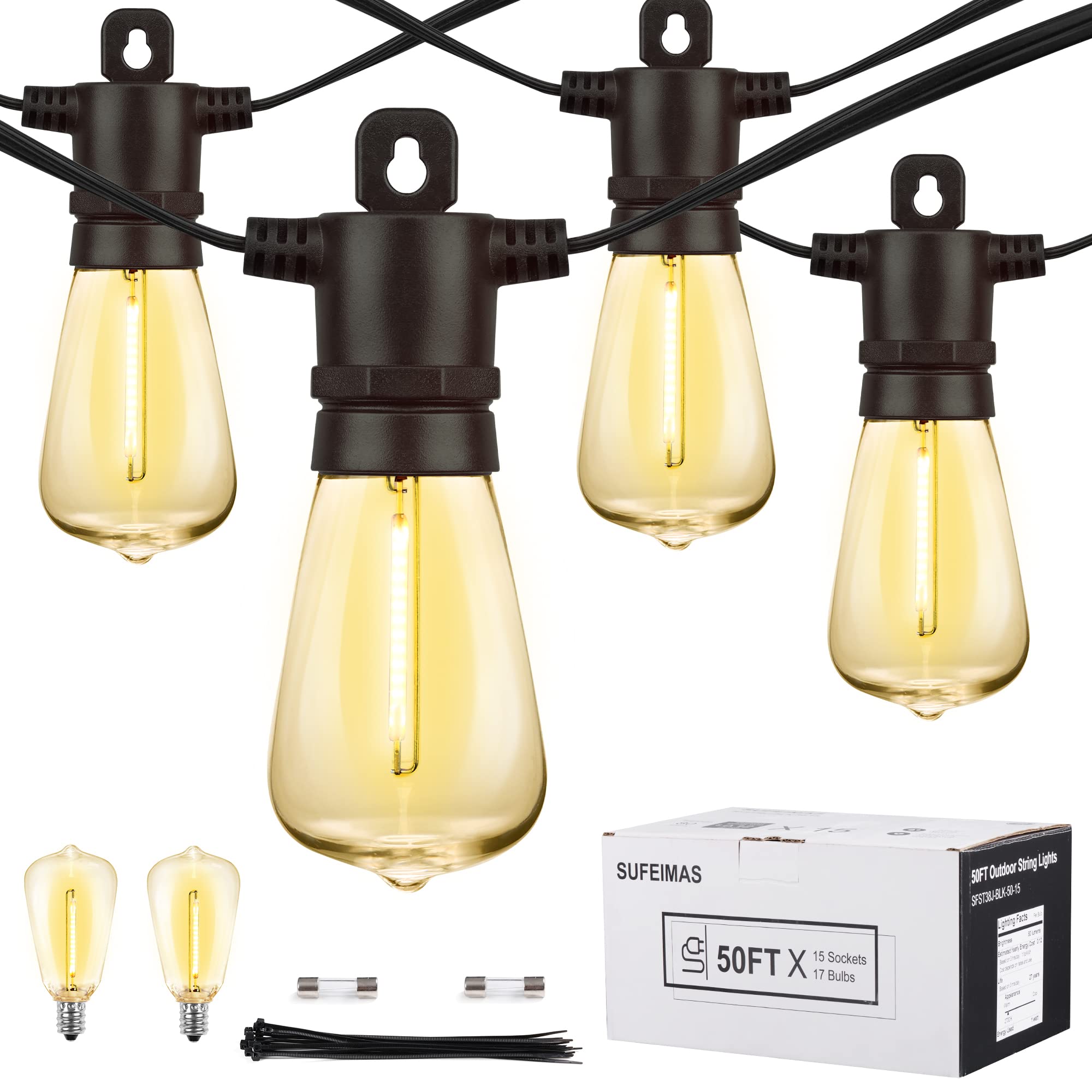 SUFEIMAS LED Outdoor String Lights Waterproof - NEW MODE 50FT Patio Lights 15+2 Vintage Shatterproof Plastic Bulbs,IP65 Edison String Lights for Outside Backyard Balcony Bistro Cafe Garden