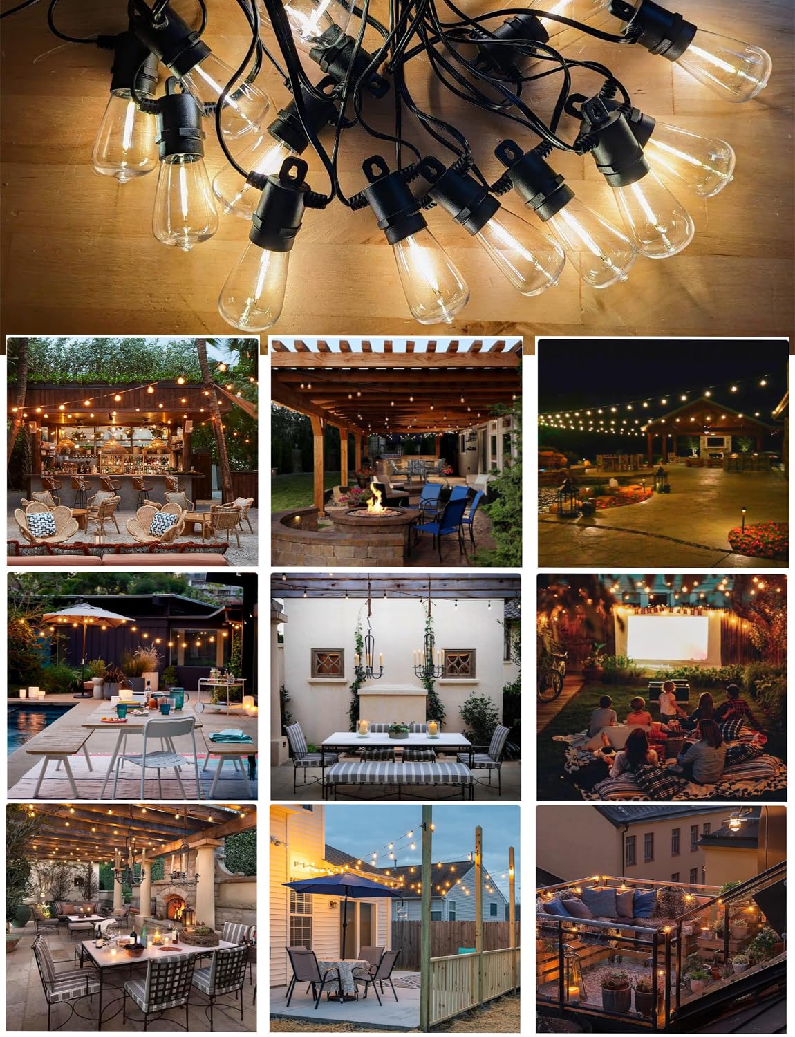 SUFEIMAS LED Outdoor String Lights Waterproof - NEW MODE 50FT Patio Lights 15+2 Vintage Shatterproof Plastic Bulbs,IP65 Edison String Lights for Outside Backyard Balcony Bistro Cafe Garden