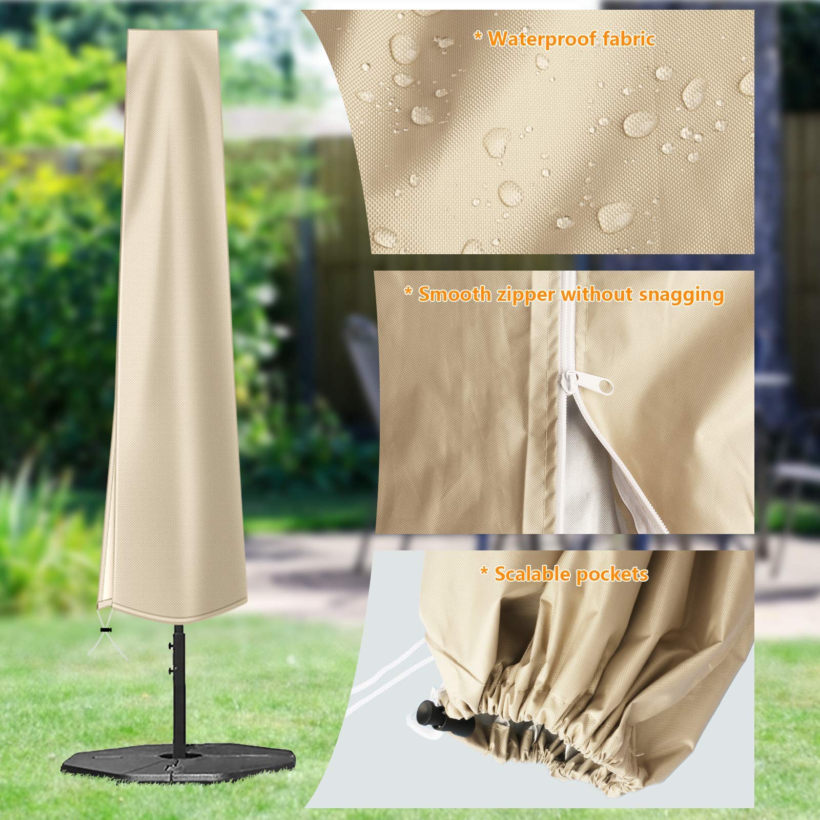 OKPOW Umbrella Cover 420D Oxford Fabric Patio Umbrella Covers Waterproof with Zip, for 9ft to 12ft Garden Outdoor Umbrella (Khaki)