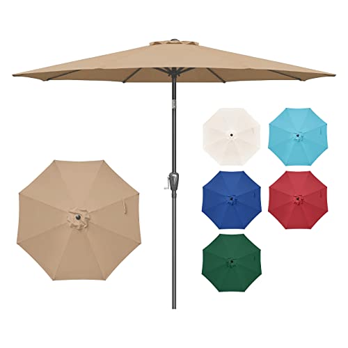 Simple Deluxe 9' Patio Umbrella Outdoor Table Market Yard Umbrella with Push Button Tilt/Crank, 8 Sturdy Ribs for Garden, Deck, Backyard, Pool, Tan