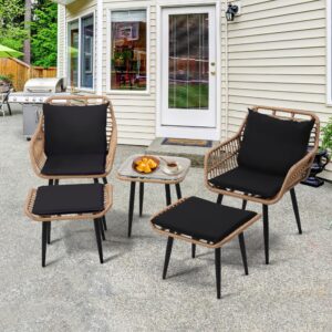 KROFEM Outdoor Wicker Chairs and Table Bistro Conversation Furniture Set, 5 Pieces with Ottoman for Porch, Balcony, Deck, Patio, Backyard, Natural Color