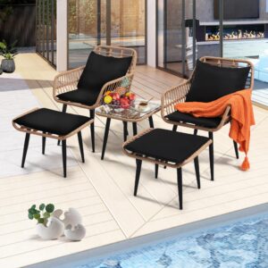 KROFEM Outdoor Wicker Chairs and Table Bistro Conversation Furniture Set, 5 Pieces with Ottoman for Porch, Balcony, Deck, Patio, Backyard, Natural Color