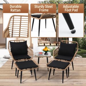 KROFEM Outdoor Wicker Chairs and Table Bistro Conversation Furniture Set, 5 Pieces with Ottoman for Porch, Balcony, Deck, Patio, Backyard, Natural Color