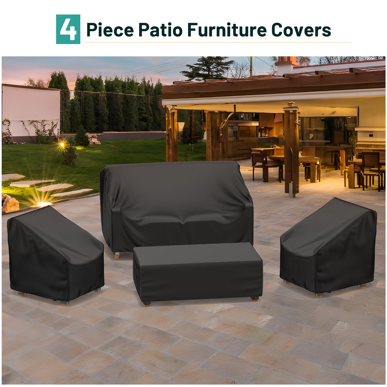 Mrrihand Patio Furniture Covers, 4 Piece Outdoor Furniture Cover Waterproof includ Ourdoor Sofa Cover, 2 Chair Covers, Coffee Table Cover with Windproof Buckle Strap and Adjustable Drawstring
