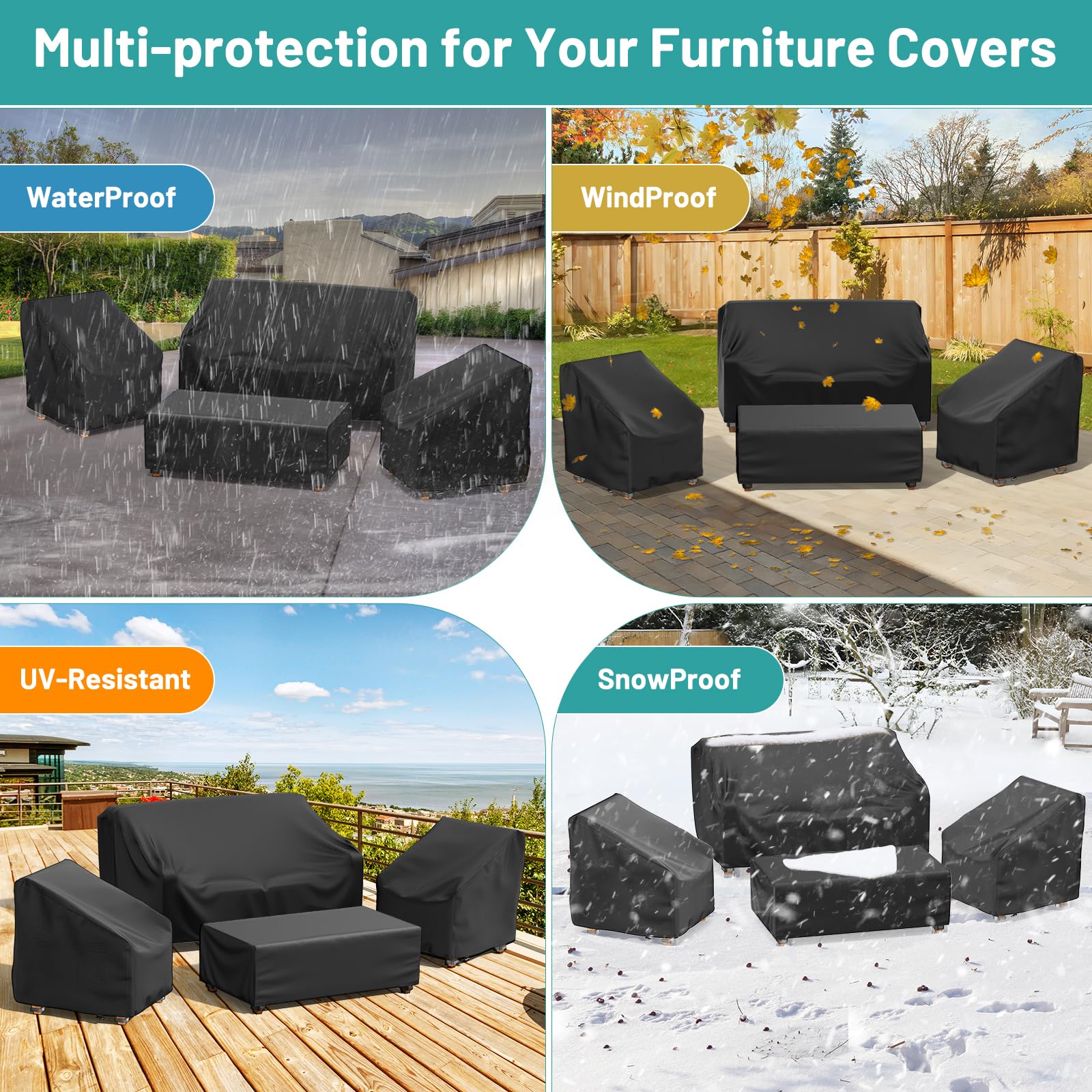 Mrrihand Patio Furniture Covers, 4 Piece Outdoor Furniture Cover Waterproof includ Ourdoor Sofa Cover, 2 Chair Covers, Coffee Table Cover with Windproof Buckle Strap and Adjustable Drawstring