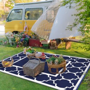 GENIMO 5' x 8' Outdoor Rug Waterproof for Patio Decor, Foldable Reversible Plastic Straw Area Rugs Mat for Camper, Outside Carpet for Rv, Deck, Porch, Picnic, Beach, Balcony, Blue & White