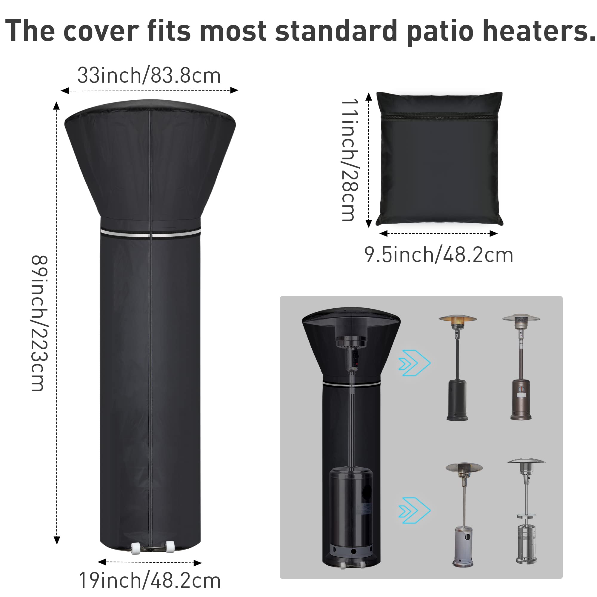 Upgraded Patio Heater Covers Waterproof, Outdoor Heater Cover with Reflective Ribbon, Zipper and Storage Bag, Waterproof, Dustproof, Wind-Resistant, UV-Resistant, Snow-Resistant, 89.5"Hx33.5"Dx19.5"B