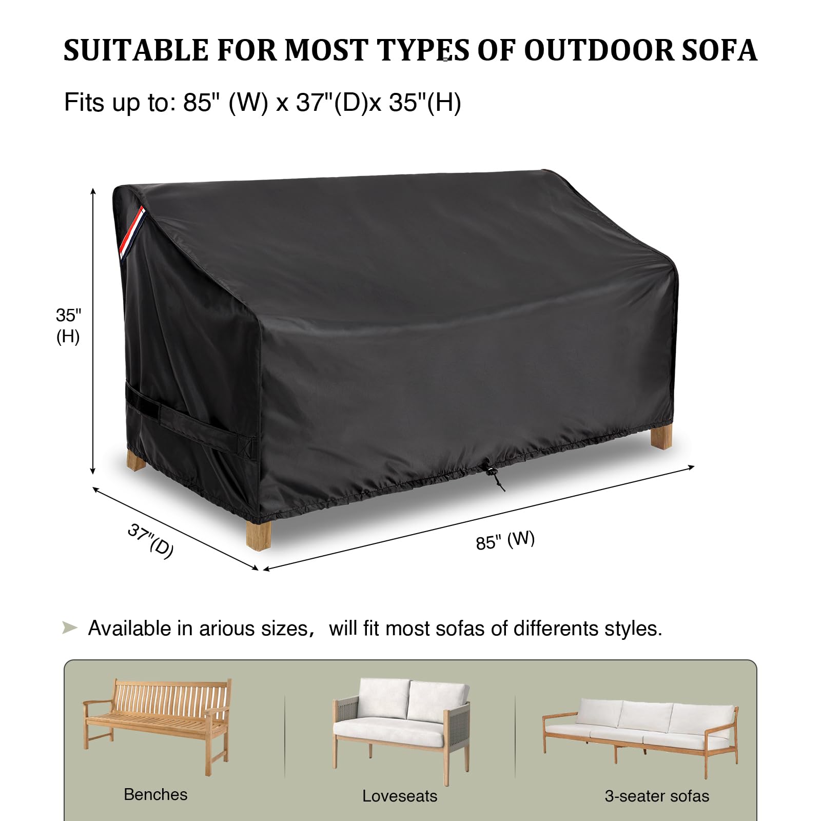 KylinLucky Outdoor Furniture Covers Waterproof,3-Seate Patio Sofa Covers Fits up to 85W x 37D x 35H inches Black