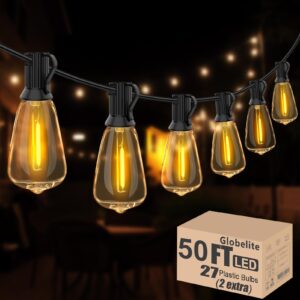 GLOBELIT Outdoor String Lights 50FT Waterproof Shatterproof Patio String Lights with 27 Dimmable Bulbs Warm White String Lights for Outside Connectable Backyard Lights Patio Lights