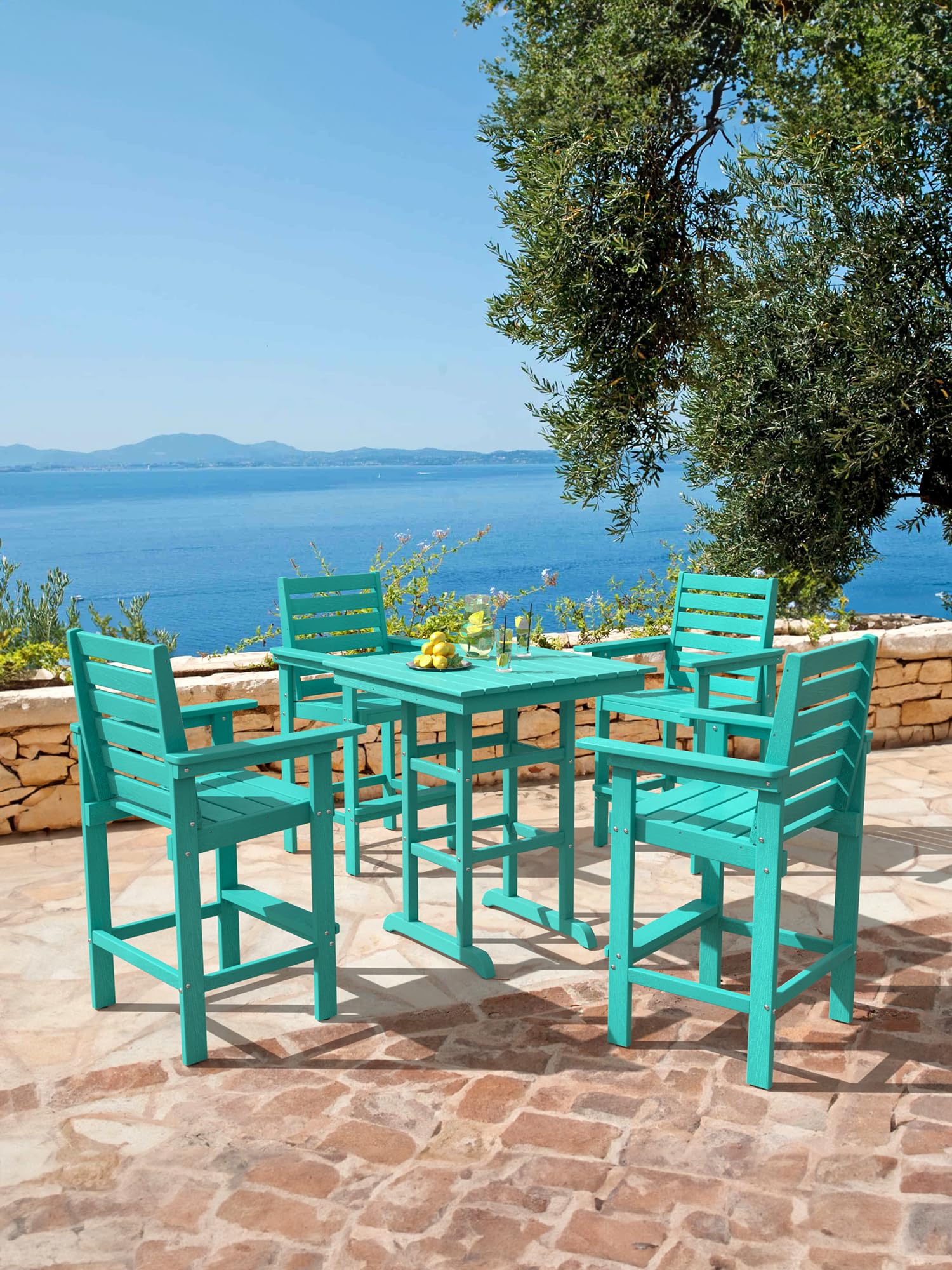 Homenjoy Tall Adirondack Chair Set of 2, HDPE Weather Resistant Patio Bar Stools, Heavy Duty Bar Height Adirondack Chairs with Footrest, 26 inch High Balcony Chair for Deck Pool, Blue Turquoise