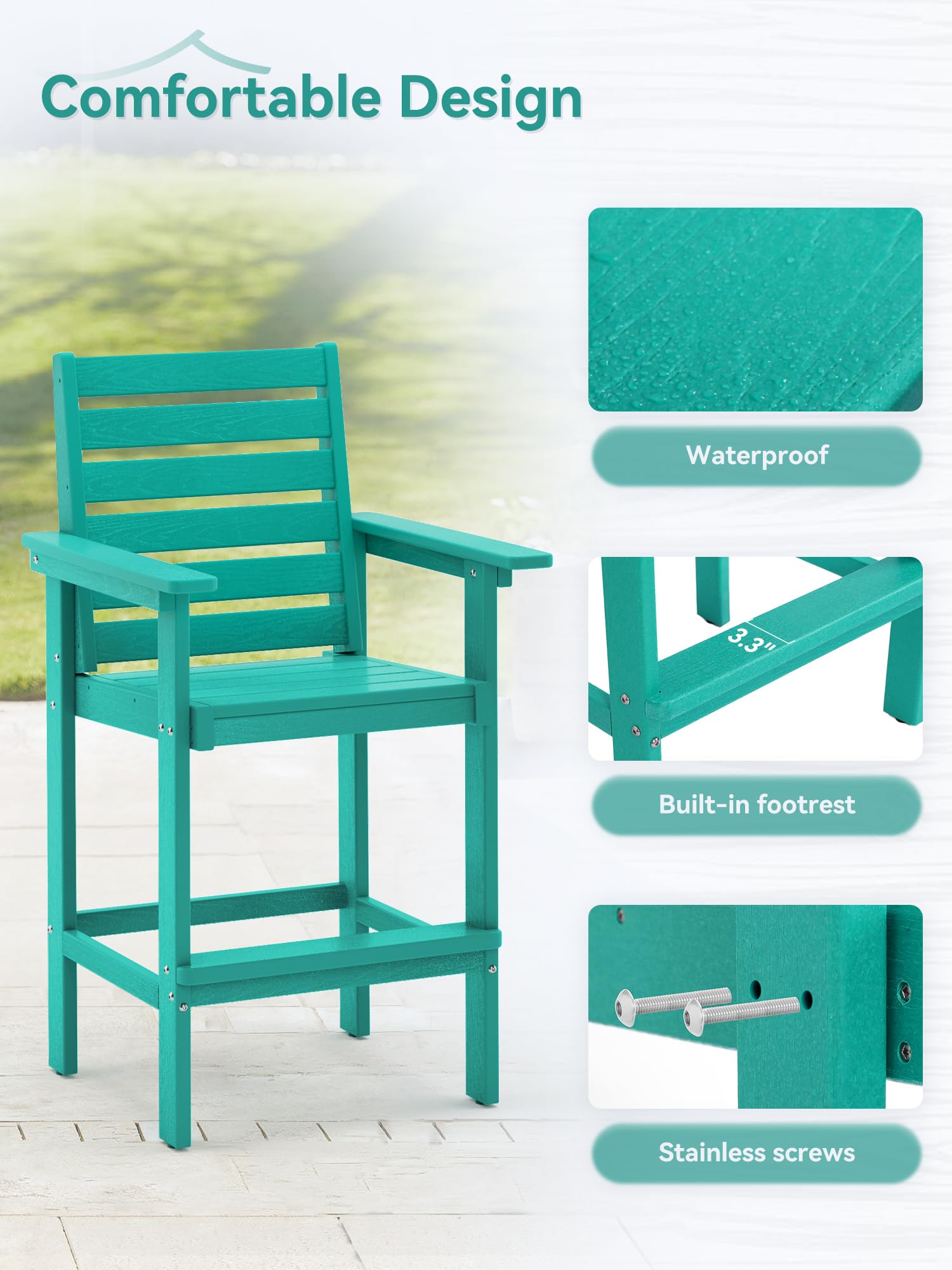 Homenjoy Tall Adirondack Chair Set of 2, HDPE Weather Resistant Patio Bar Stools, Heavy Duty Bar Height Adirondack Chairs with Footrest, 26 inch High Balcony Chair for Deck Pool, Blue Turquoise