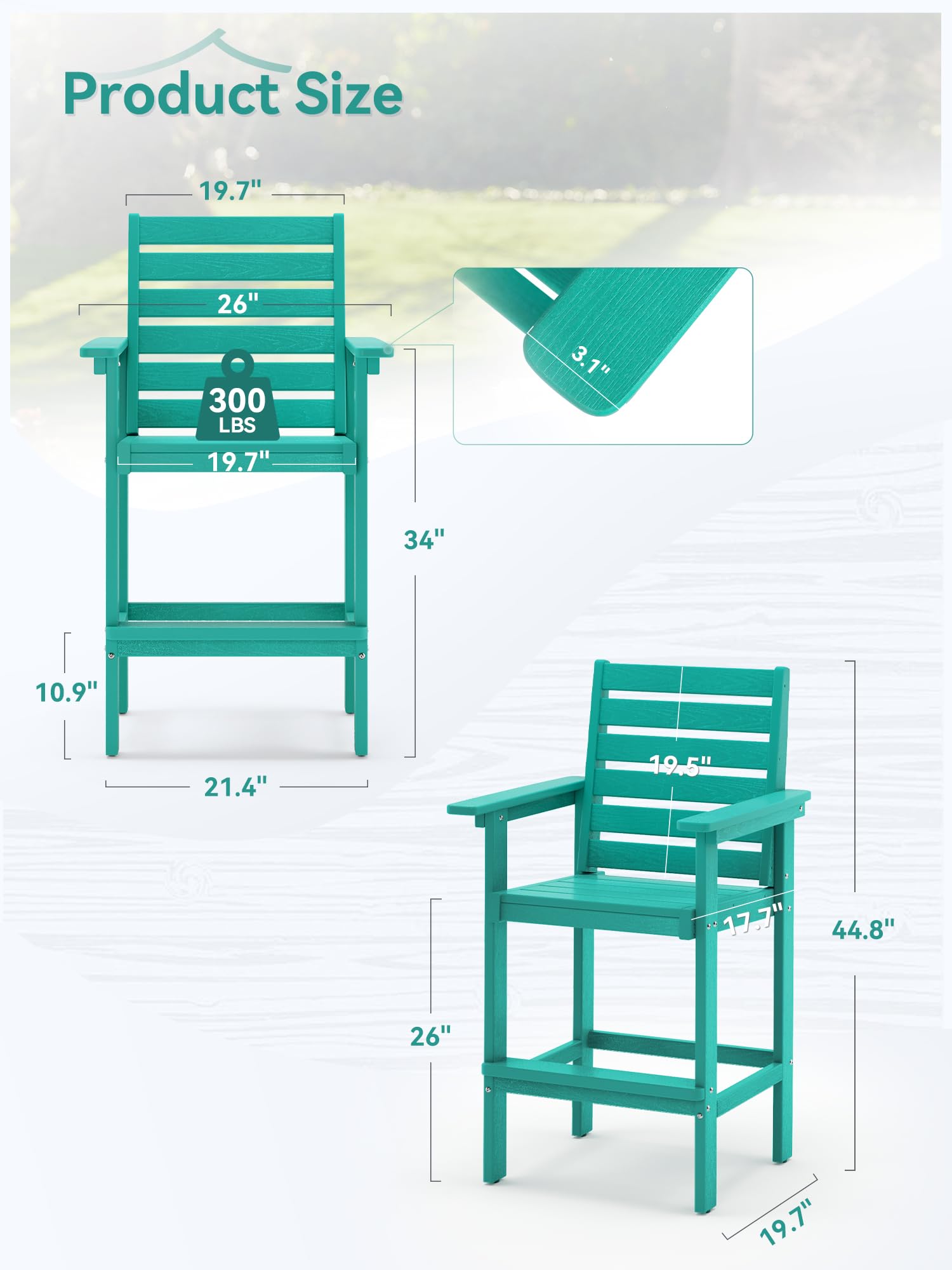 Homenjoy Tall Adirondack Chair Set of 2, HDPE Weather Resistant Patio Bar Stools, Heavy Duty Bar Height Adirondack Chairs with Footrest, 26 inch High Balcony Chair for Deck Pool, Blue Turquoise