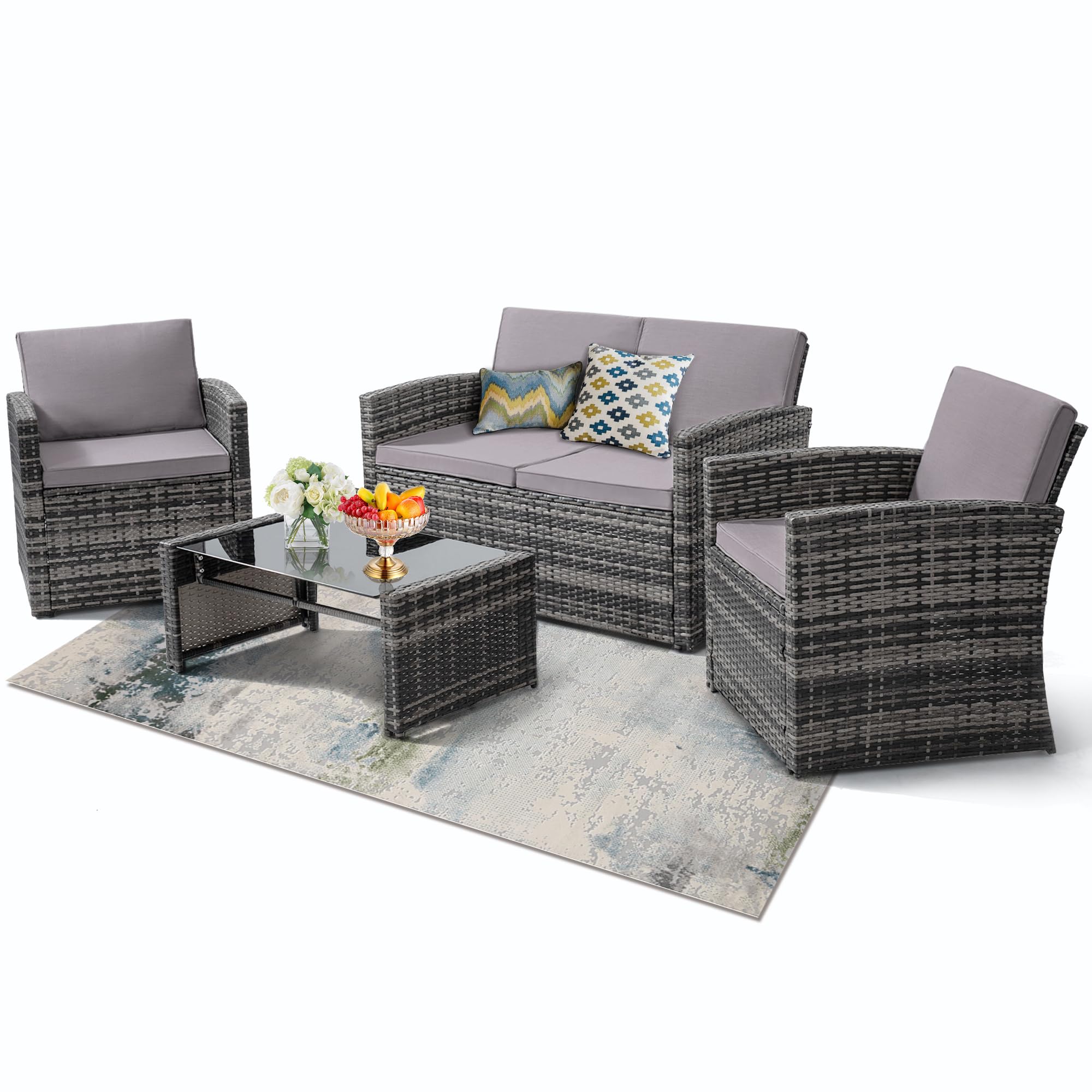 KROFEM 4 Pieces Patio Conversation Set, Outside Rattan Sectional Sofa, Cushioned Furniture Set, Wicker Sofa Ideal for Garden, Porch, Backyard, Grey Color Rattan and Light Grey Cushion