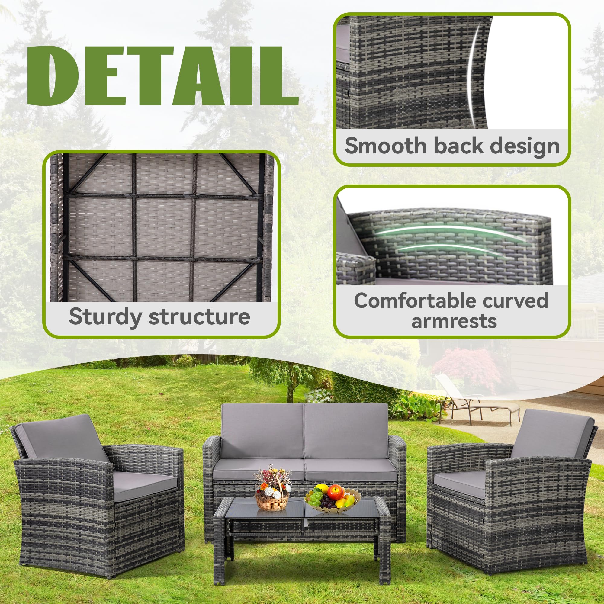 KROFEM 4 Pieces Patio Conversation Set, Outside Rattan Sectional Sofa, Cushioned Furniture Set, Wicker Sofa Ideal for Garden, Porch, Backyard, Grey Color Rattan and Light Grey Cushion