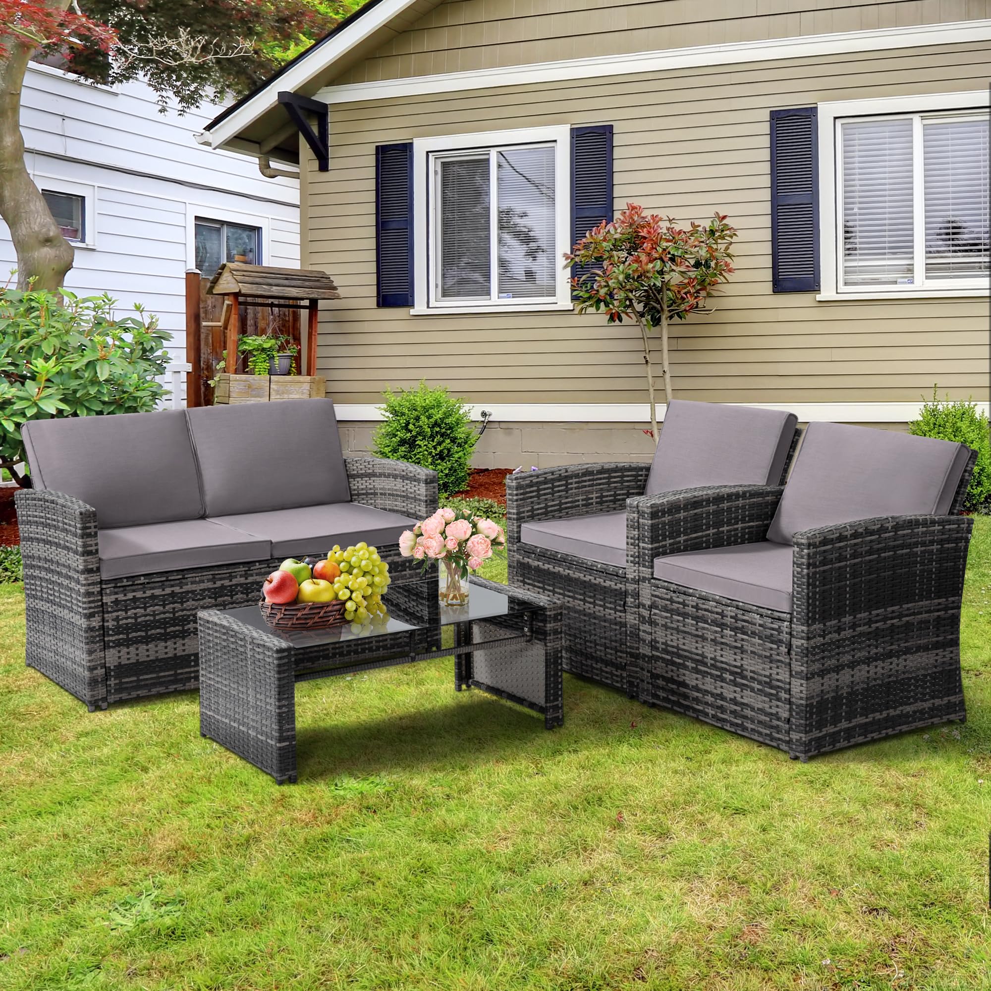 KROFEM 4 Pieces Patio Conversation Set, Outside Rattan Sectional Sofa, Cushioned Furniture Set, Wicker Sofa Ideal for Garden, Porch, Backyard, Grey Color Rattan and Light Grey Cushion