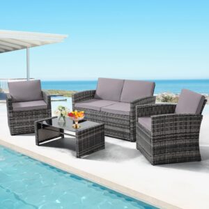 KROFEM 4 Pieces Patio Conversation Set, Outside Rattan Sectional Sofa, Cushioned Furniture Set, Wicker Sofa Ideal for Garden, Porch, Backyard, Grey Color Rattan and Light Grey Cushion