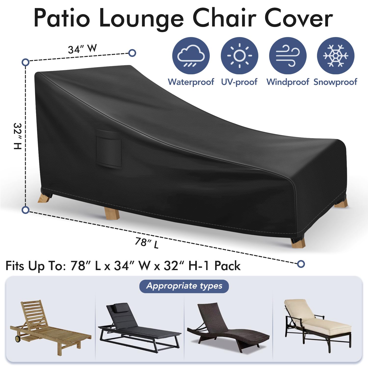 Richwon Chaise Lounge Covers Outdoor Waterproof, Heavy Duty Patio Furniture Covers, Outdoor Furniture Covers Pool Lounge Chair Cover Fits up to 78L x 34W x 32H inches, 1 Pack, Black