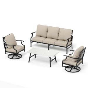 MIXPATIO Patio Furniture Set 4 pcs, Metal Outdoor Patio Furniture, 3-Seat Sofa, 2 Swivel Chairs, Metal Coffee Table and 5.75" Extra Thick Cushion, Patio Conversation Set,Beige