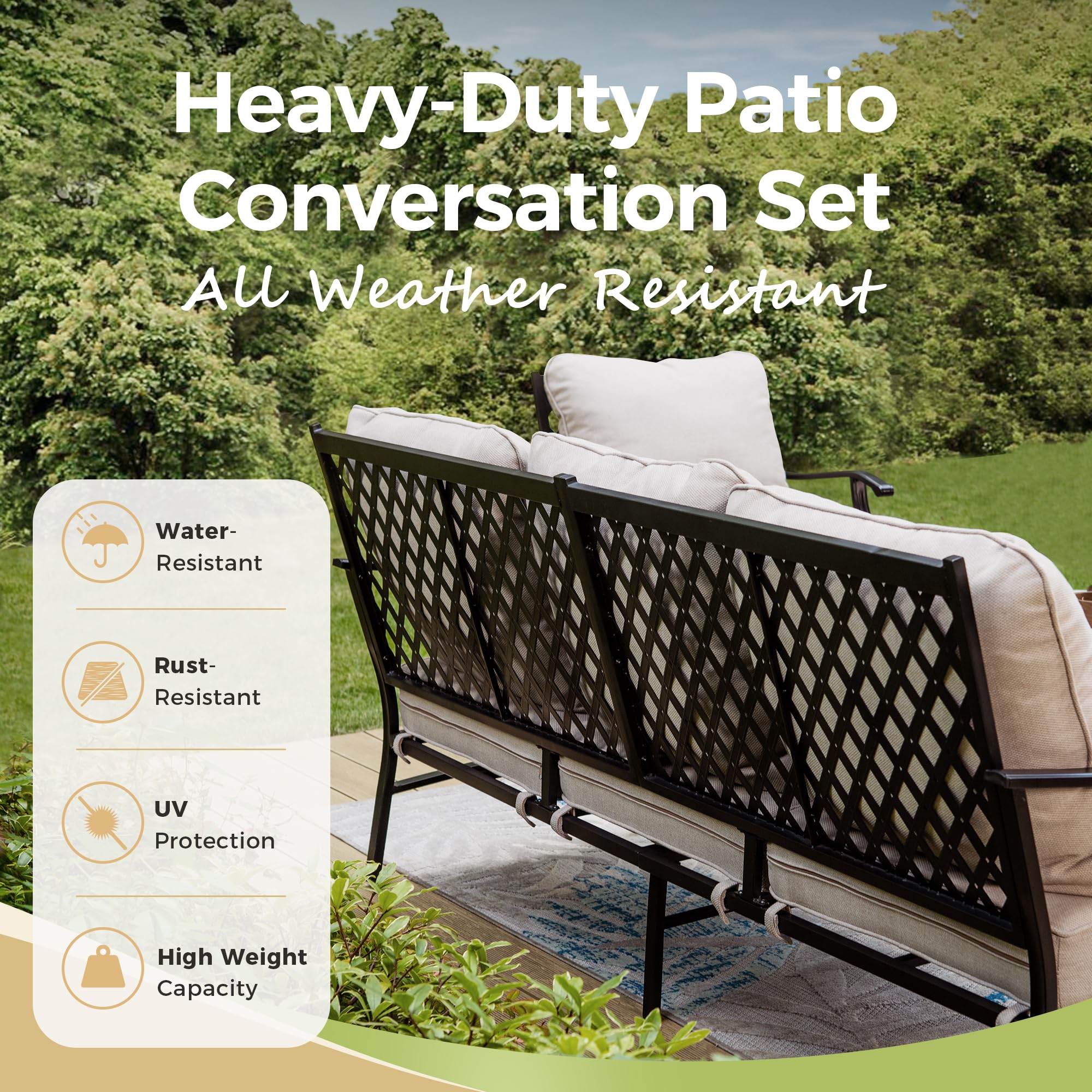 MIXPATIO Patio Furniture Set 4 pcs, Metal Outdoor Patio Furniture, 3-Seat Sofa, 2 Swivel Chairs, Metal Coffee Table and 5.75" Extra Thick Cushion, Patio Conversation Set,Beige