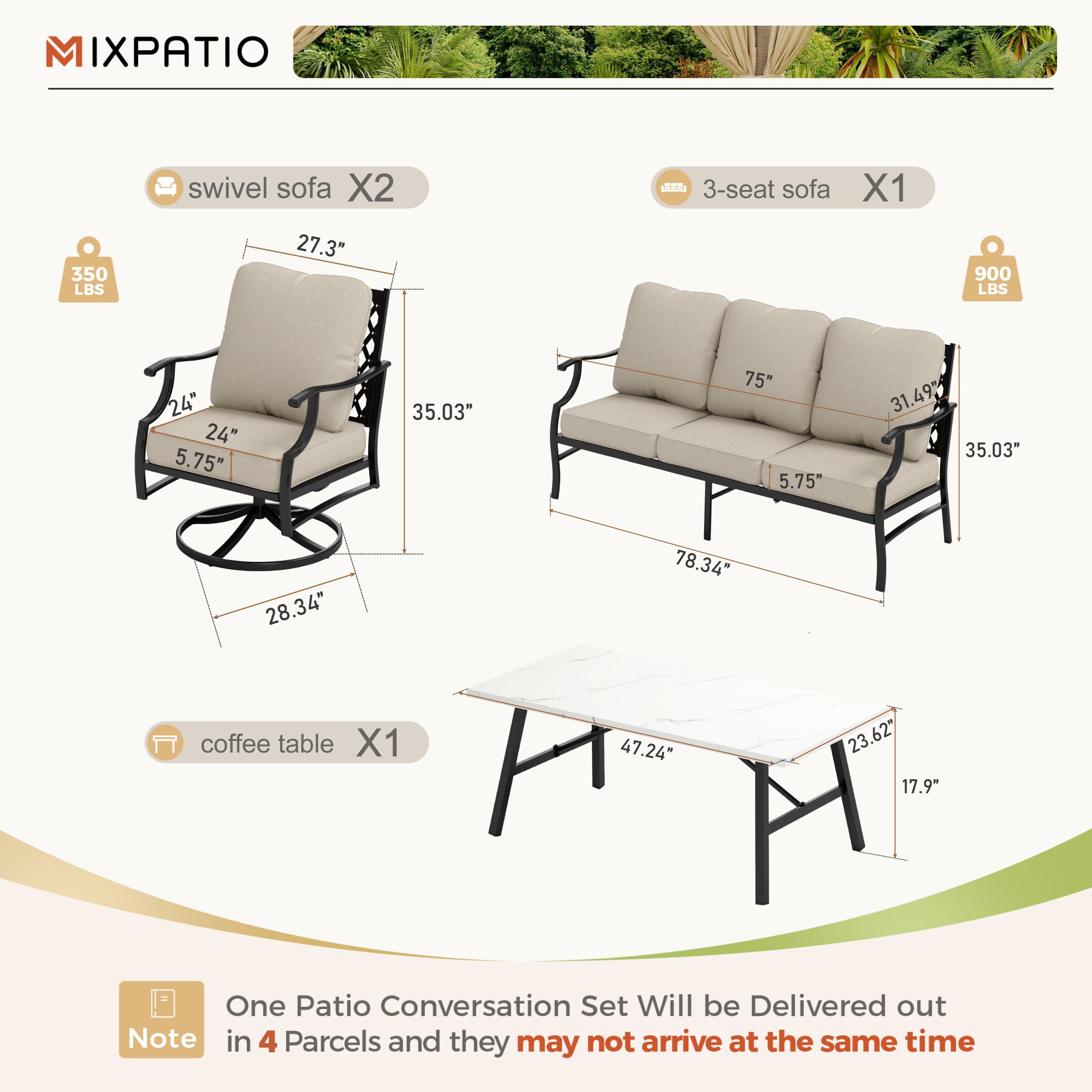 MIXPATIO Patio Furniture Set 4 pcs, Metal Outdoor Patio Furniture, 3-Seat Sofa, 2 Swivel Chairs, Metal Coffee Table and 5.75" Extra Thick Cushion, Patio Conversation Set,Beige