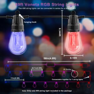 Voneta Outdoor String Lights, 49ft 20 Bulbs RGB Patio Lights with Remote & APP, S14 Dimmable LED Hanging Lights, Color Changing IP65 Waterproof Outdoor Lights for Garden Yard Porch Party Decor