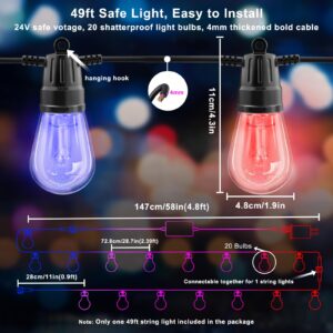 YSJ Outdoor String Lights for Outside,49FT RGB Patio Lights Outdoor Waterproof with App & Remote,DIY Each Bulb Color Changing String Light with 20 Shatterproof Bulbs Dimmable for Balcony,Cafe,Backyard