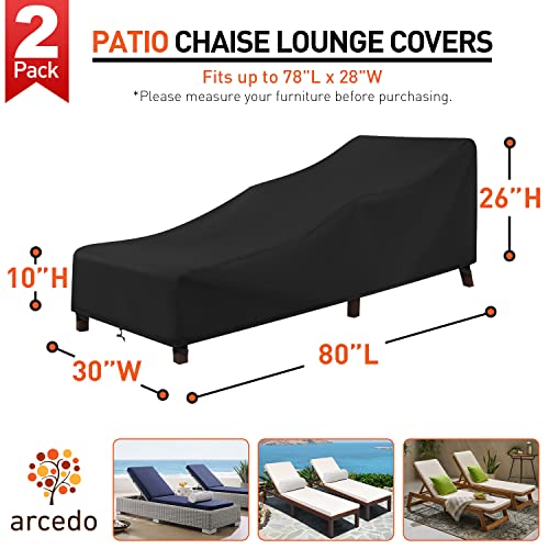 Arcedo Waterproof Patio Chaise Lounge Covers, Outdoor Lounge Chair Covers, Outdoor Patio Furniture Cover for Poolside Beach, All Weather Protection, 80" x 30” x 26" H, Black, 2 Pack