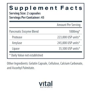 Vital Nutrients Pancreatic Enzymes 1000mg (Full Strength) | Pancreatin Digestion Supplement with Protease, Amylase & Lipase | Digestive Enzymes | Gluten, Dairy, and Soy Free | 90 Capsules