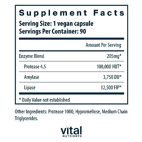 Vital Nutrients Vegan Pancreatic Enzymes | Digestive Enzymes for Women & Men | Enzymes for Digestion Support Gut Health | Relief from Gas & Bloating | Gluten, Dairy, Soy Free | 90 Capsules