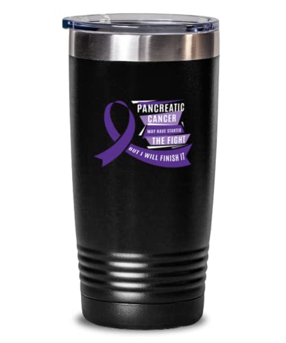 Pancreatic Cancer Tumbler - Meaningful Pancreatic Cancer Awareness - Started The Fight But I Will Finish It - Purple Ribbon - Survivor - 20oz Black