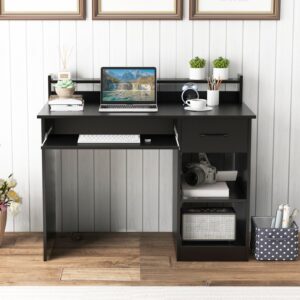 IFANNY Wooden Computer Desk, Black Home Office Desk w/Drawers, Keyboard Tray, Open Shelves & Monitor Stand, Modern Writing Desk, Compact Computer Desk for Small Spaces (Black)