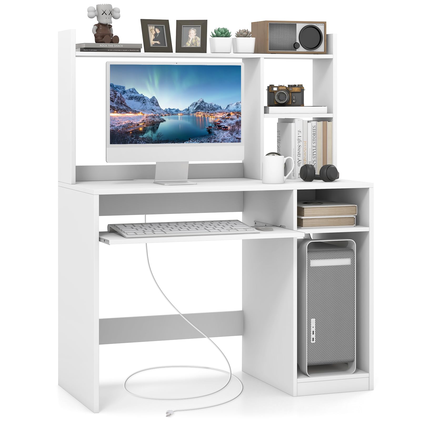 COSTWAY White Computer Desk with Storage Shelf, Wooden Writing Desk with Hutch, Office Desk with CPU Stand & Keyboard Tray, Home PC Desk with Bookshelf, for Bedroom, Study, Living Room