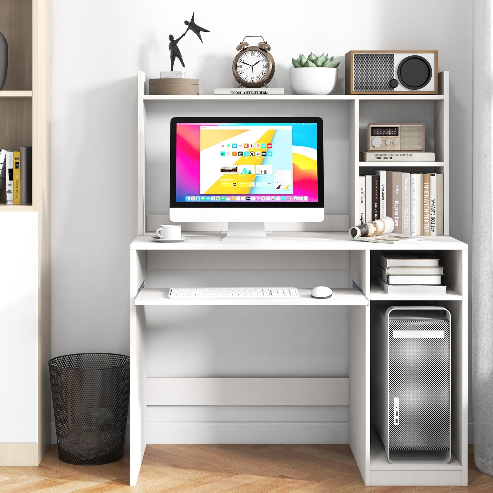 COSTWAY White Computer Desk with Storage Shelf, Wooden Writing Desk with Hutch, Office Desk with CPU Stand & Keyboard Tray, Home PC Desk with Bookshelf, for Bedroom, Study, Living Room