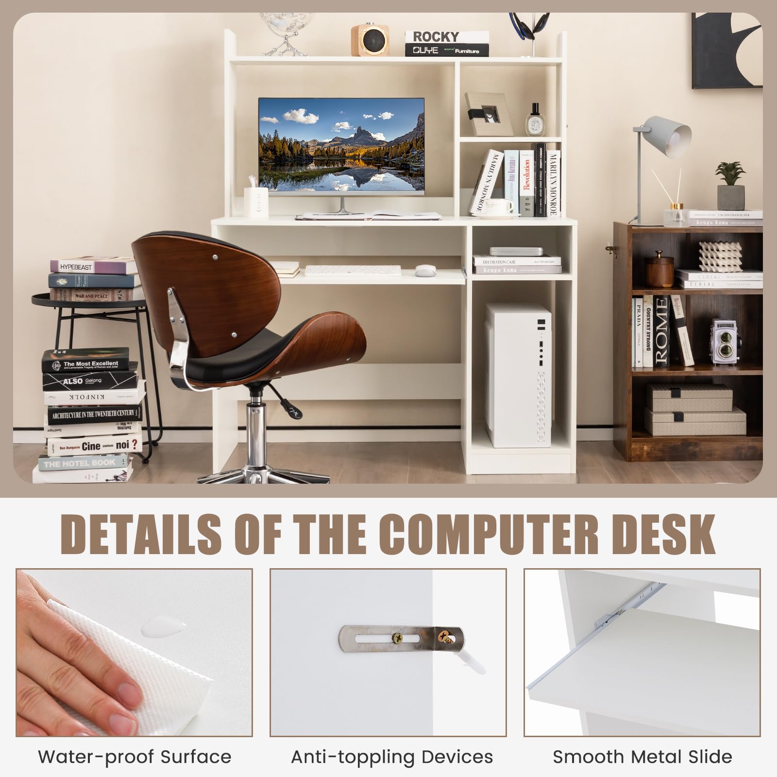 COSTWAY White Computer Desk with Storage Shelf, Wooden Writing Desk with Hutch, Office Desk with CPU Stand & Keyboard Tray, Home PC Desk with Bookshelf, for Bedroom, Study, Living Room