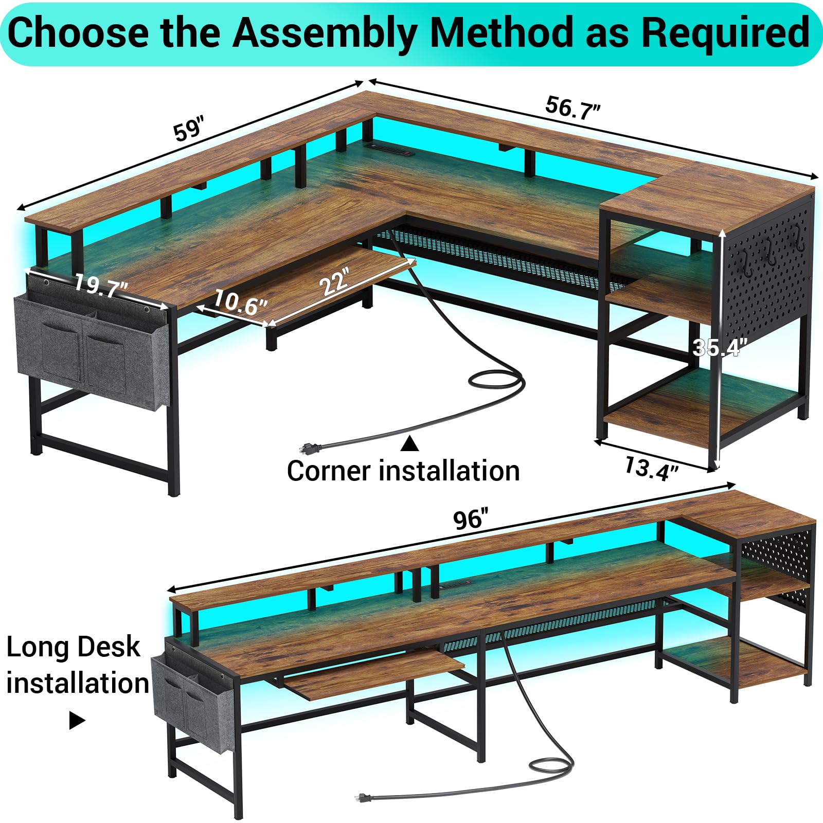 SEDETA L Shaped Computer Desk, Reversible Computer Desk, L Shaped Desk with Power Outlets & LED Strip, Monitor Shelf, Keyboard Tray, Pegboard and Storage Shelves for Home Office, Rustic Brown