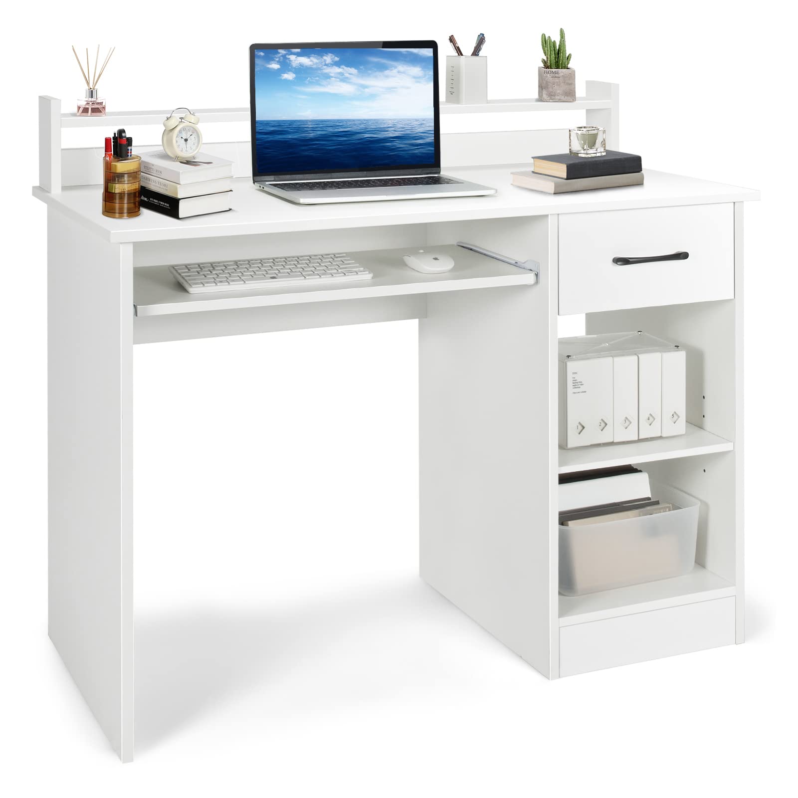 SILKYDRY Computer Desk with Hutch & Keyboard Tray, Home Office Workstation with Drawer, Adjustable Shelves, Modern Vanity Table for Bedroom, Wooden Writing Study Laptop PC Desk (White)