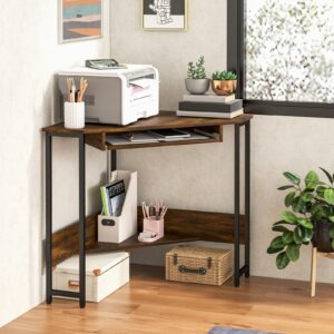 IFANNY Corner Computer Desk with Keyboard Tray, Wooden Triangle Desk w/Power Outlet & Storage Shelves, Rustic Corner Writing Desk, Small Corner Desks for Small Spaces