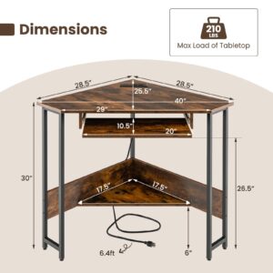 IFANNY Corner Computer Desk with Keyboard Tray, Wooden Triangle Desk w/Power Outlet & Storage Shelves, Rustic Corner Writing Desk, Small Corner Desks for Small Spaces