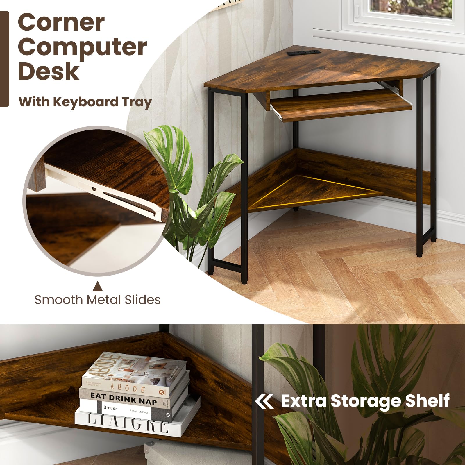IFANNY Corner Computer Desk with Keyboard Tray, Wooden Triangle Desk w/Power Outlet & Storage Shelves, Rustic Corner Writing Desk, Small Corner Desks for Small Spaces