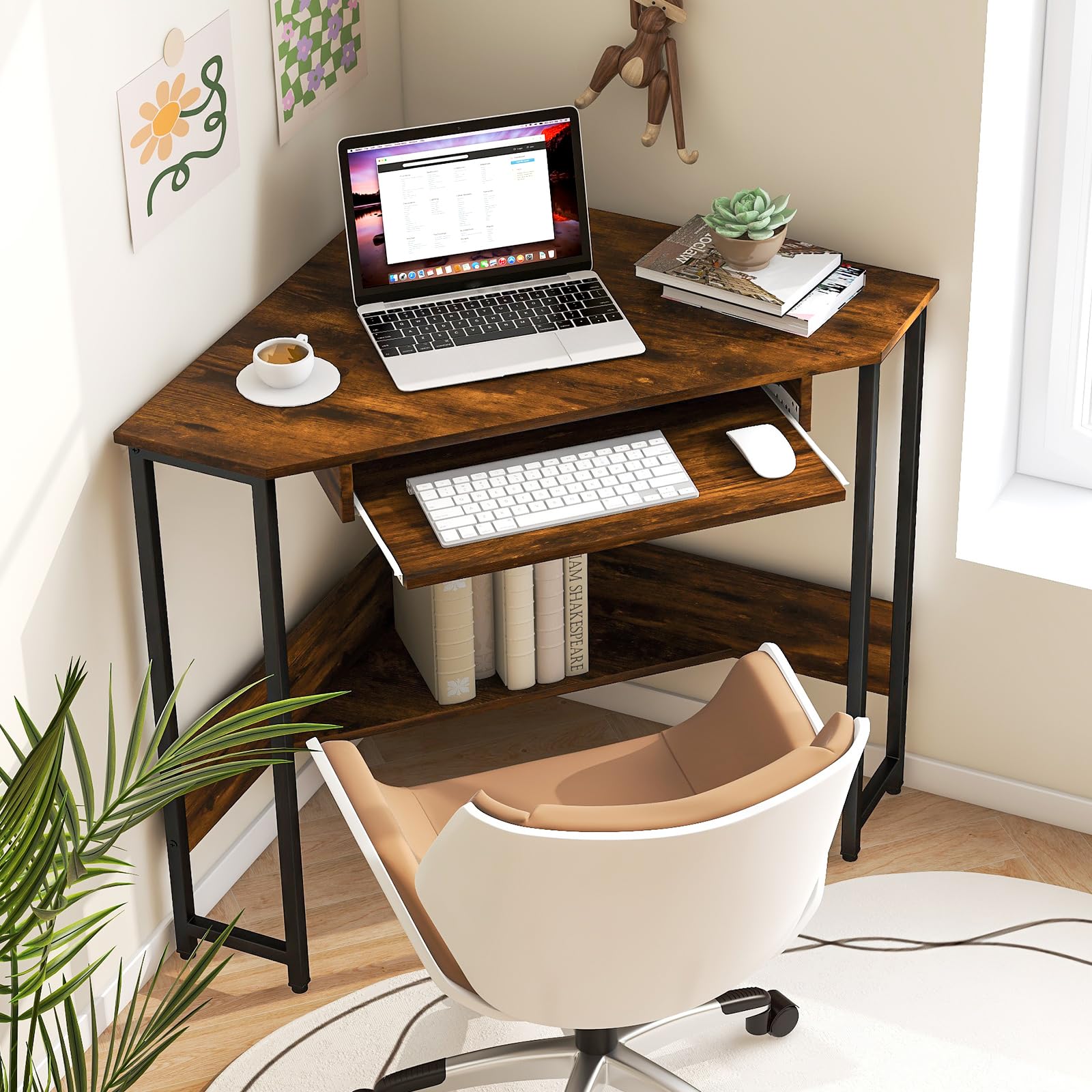 IFANNY Corner Computer Desk with Keyboard Tray, Wooden Triangle Desk w/Power Outlet & Storage Shelves, Rustic Corner Writing Desk, Small Corner Desks for Small Spaces