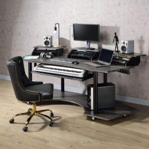 Music Recording Studio Desk with Piano Keyboard Tray, Recording Studio Workstation Table with Stands, Bottom Shelf and Wheels, Wooden Home Office Computer Desks for Study Gaming Bedroom (large,Black)