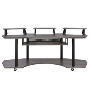 Music Recording Studio Desk with Piano Keyboard Tray, Recording Studio Workstation Table with Stands, Bottom Shelf and Wheels, Wooden Home Office Computer Desks for Study Gaming Bedroom (large,Black)
