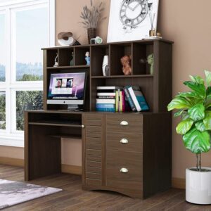 home office computer desk, wood executive office desk with drawers, hutches big storage space writing table game table, office desk with keyboard tray and drawers for small space （walnut）