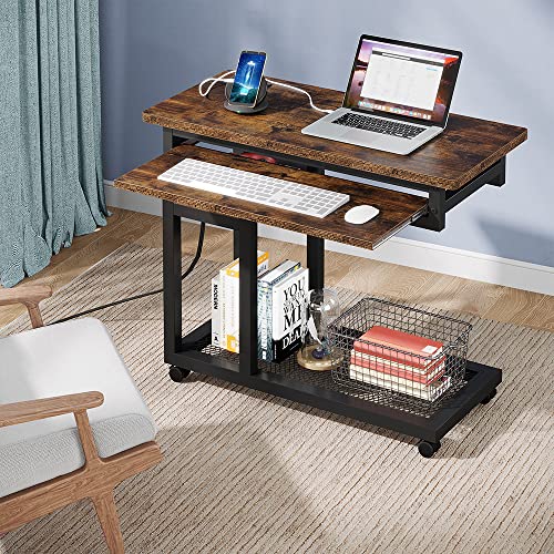 Tribesigns Small Portable Desk with Power Outlet, Height Adjustable Sofa Couch Bedside Laptop Table with Wheels, Mobile Standing Desk Rolling Computer Cart C Side Table with USB Ports