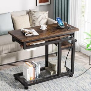 Tribesigns Small Portable Desk with Power Outlet, Height Adjustable Sofa Couch Bedside Laptop Table with Wheels, Mobile Standing Desk Rolling Computer Cart C Side Table with USB Ports