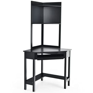 IFANNY Corner Computer Desk with Hutch, Triangle Corner Desk w/Keyboard Tray and Bookshelves, Corner Writing Desk with Storage Shelves, Small Corner Desks for Small Spaces (Black)
