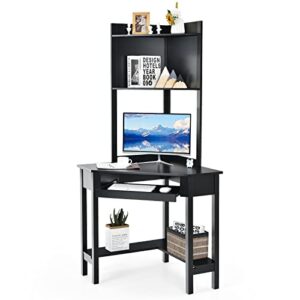 ifanny corner computer desk with hutch, triangle corner desk w/keyboard tray and bookshelves, corner writing desk with storage shelves, small corner desks for small spaces (black)