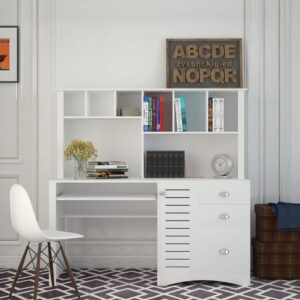 computer desk with 3 drawers and bookshelf, wooden teens student desk writing laptop workstation with keyboard tray & hutch, home office computer desk for small space, white