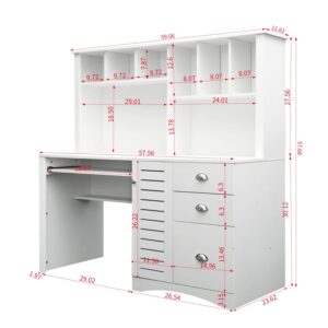 Computer Desk with 3 Drawers and Bookshelf, Wooden Teens Student Desk Writing Laptop Workstation with Keyboard Tray & Hutch, Home Office Computer Desk for Small Space, White