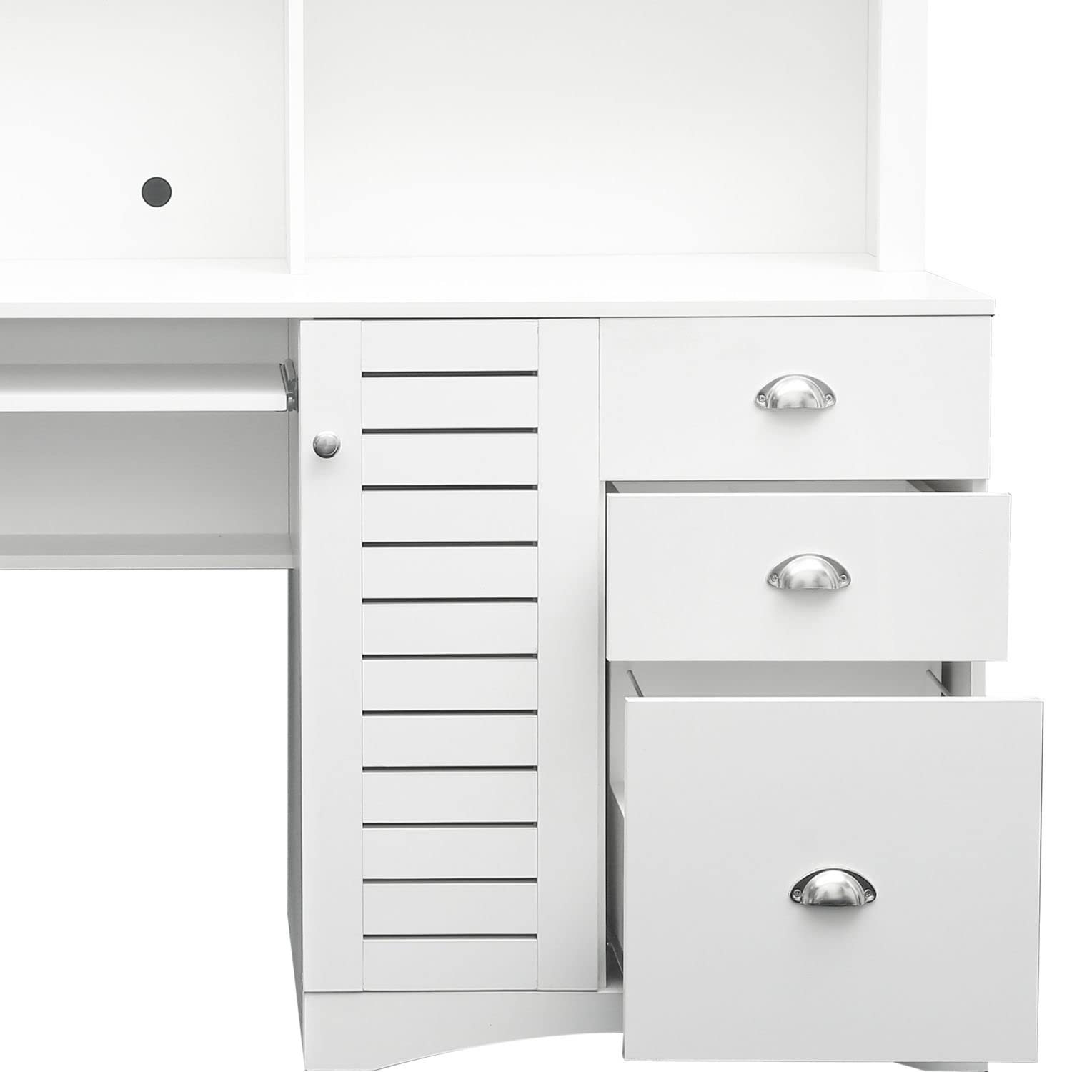 Computer Desk with 3 Drawers and Bookshelf, Wooden Teens Student Desk Writing Laptop Workstation with Keyboard Tray & Hutch, Home Office Computer Desk for Small Space, White